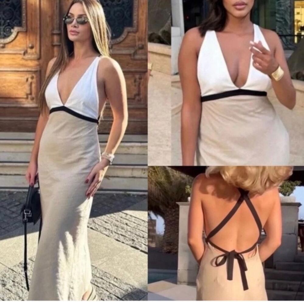 Zara Sand Linen beige Blend Colorblock Midi halter back baby doll Dress. Size M